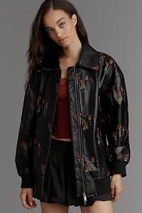 Maeve Faux-Leather Floral-Embroidered Bomber Jacket