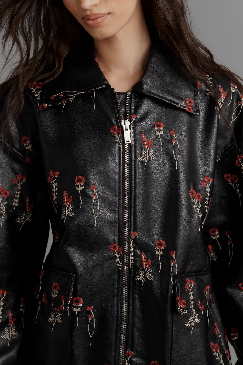 Maeve Faux-Leather Floral-Embroidered Bomber Jacket
