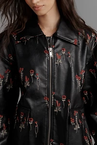 Maeve Faux-Leather Floral-Embroidered Bomber Jacket