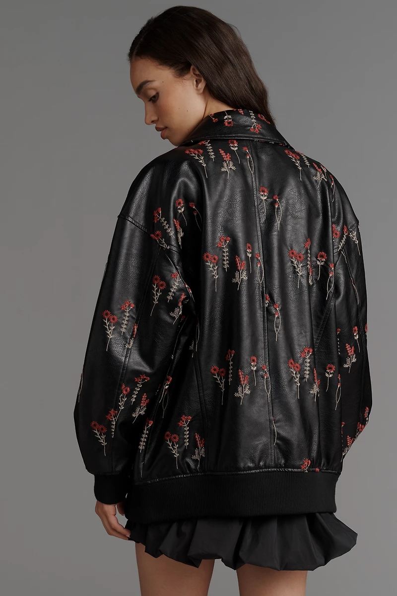Maeve Faux-Leather Floral-Embroidered Bomber Jacket