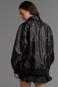 Maeve Faux-Leather Floral-Embroidered Bomber Jacket