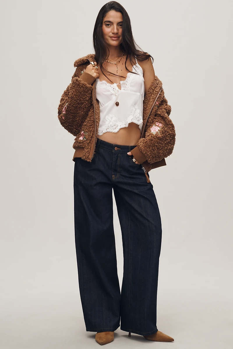 By Anthropologie Floral Embroidered Sherpa Bomber Jacket