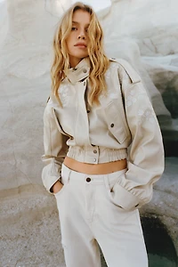 By Anthropologie Faux-Leather Floral Embroidered Moto Jacket