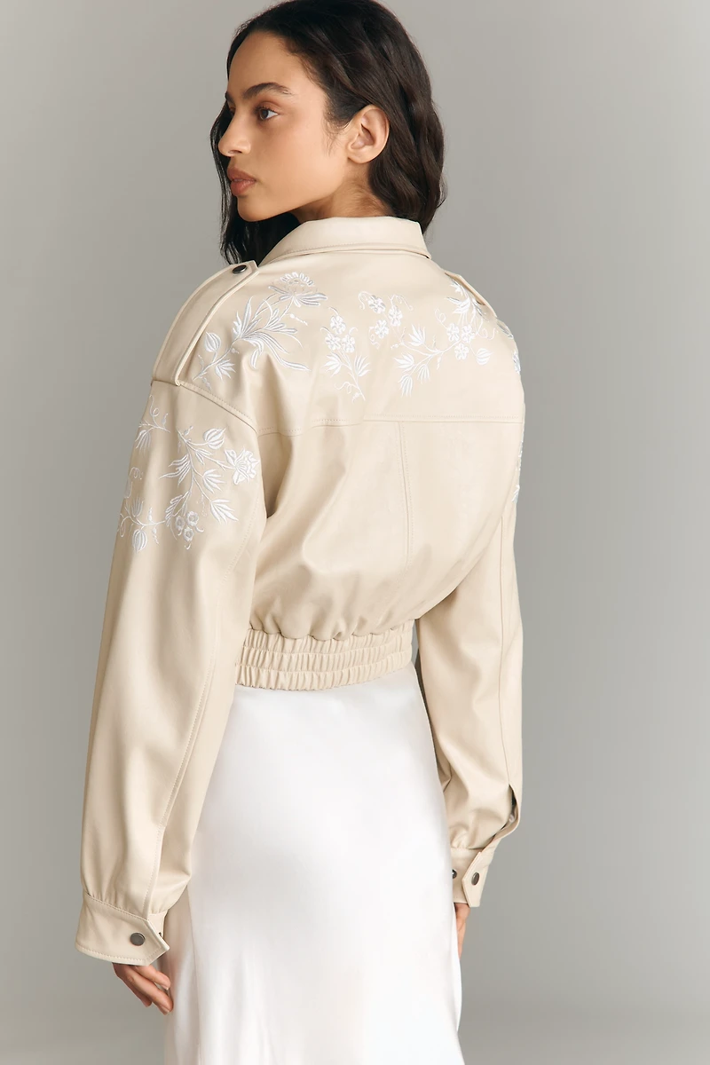 By Anthropologie Faux-Leather Floral Embroidered Moto Jacket