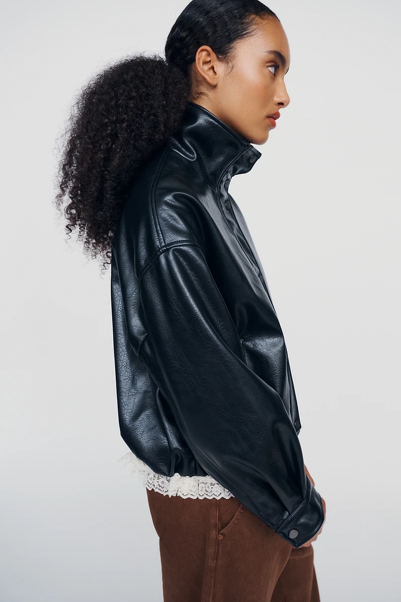 Pilcro Funnel-Neck Faux-Leather Bomber Jacket