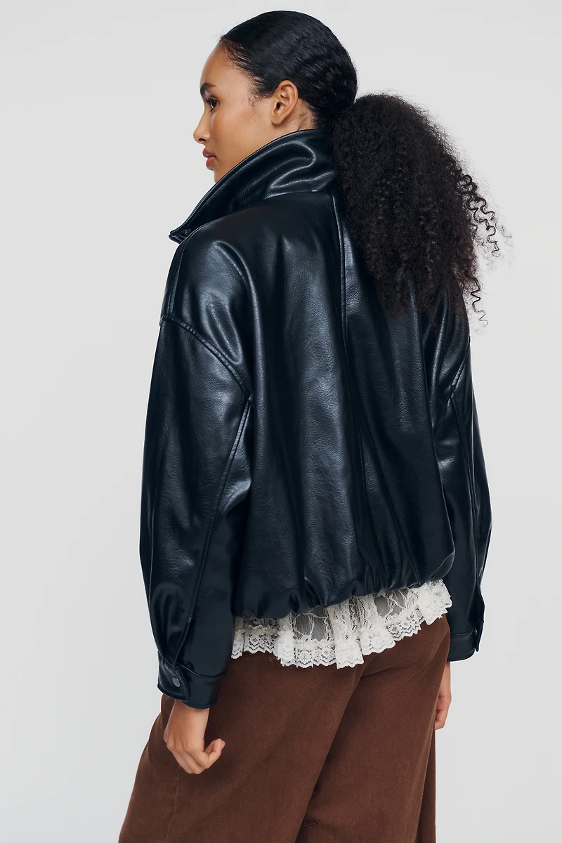 Pilcro Funnel-Neck Faux-Leather Bomber Jacket