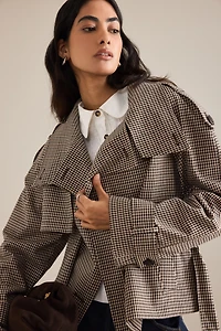 By Anthropologie Crop Plaid Trench Coat