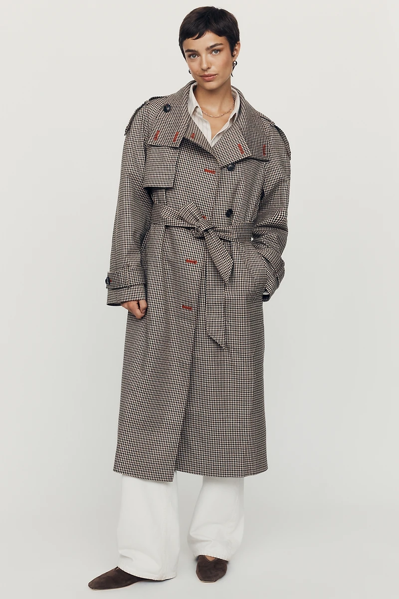 By Anthropologie Lottie Longline Check Trench Coat