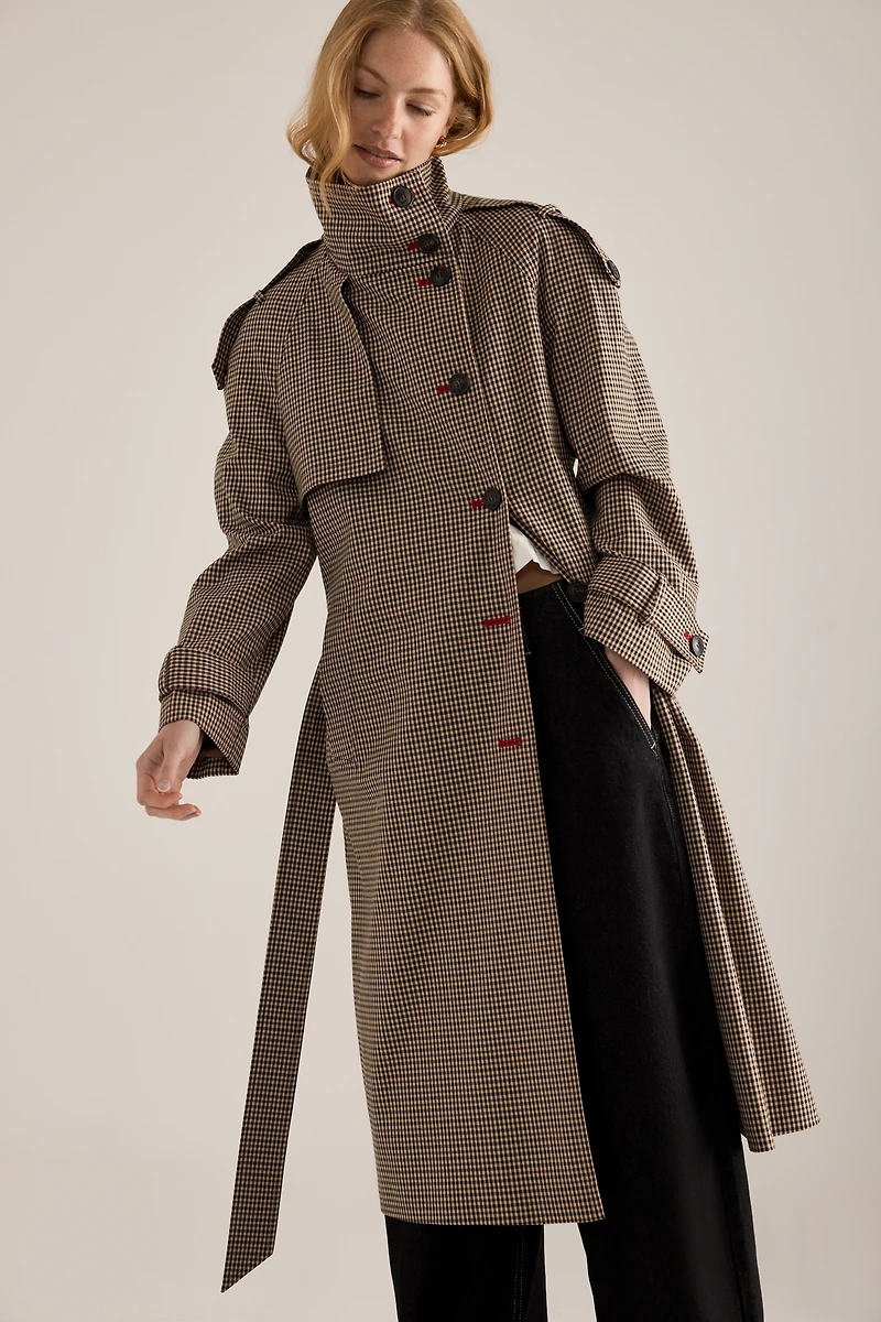 By Anthropologie Lottie Longline Check Trench Coat