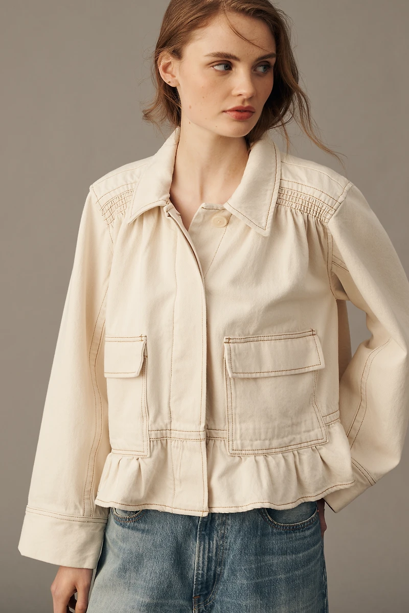 By Anthropologie 100% Cotton Swingy Smocked Chore Coat