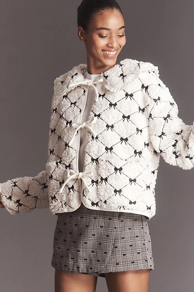 MABLE Bow-Embroidered Tie-Front Sherpa Fleece Jacket