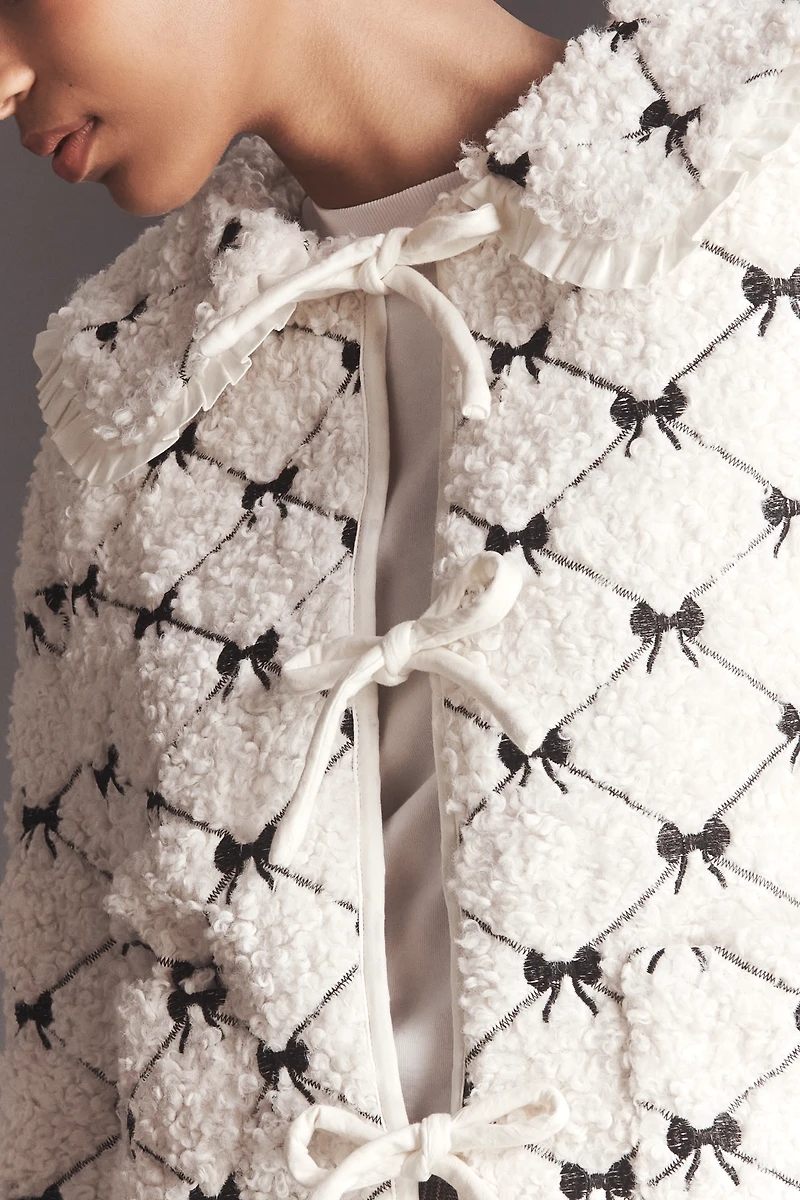MABLE Bow-Embroidered Tie-Front Sherpa Fleece Jacket