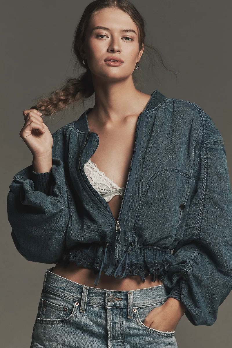 By Anthropologie Ruched Lace Denim Bomber Jacket