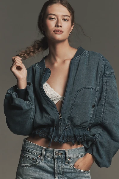 By Anthropologie Ruched Lace Denim Bomber Jacket