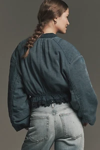By Anthropologie Ruched Lace Denim Bomber Jacket
