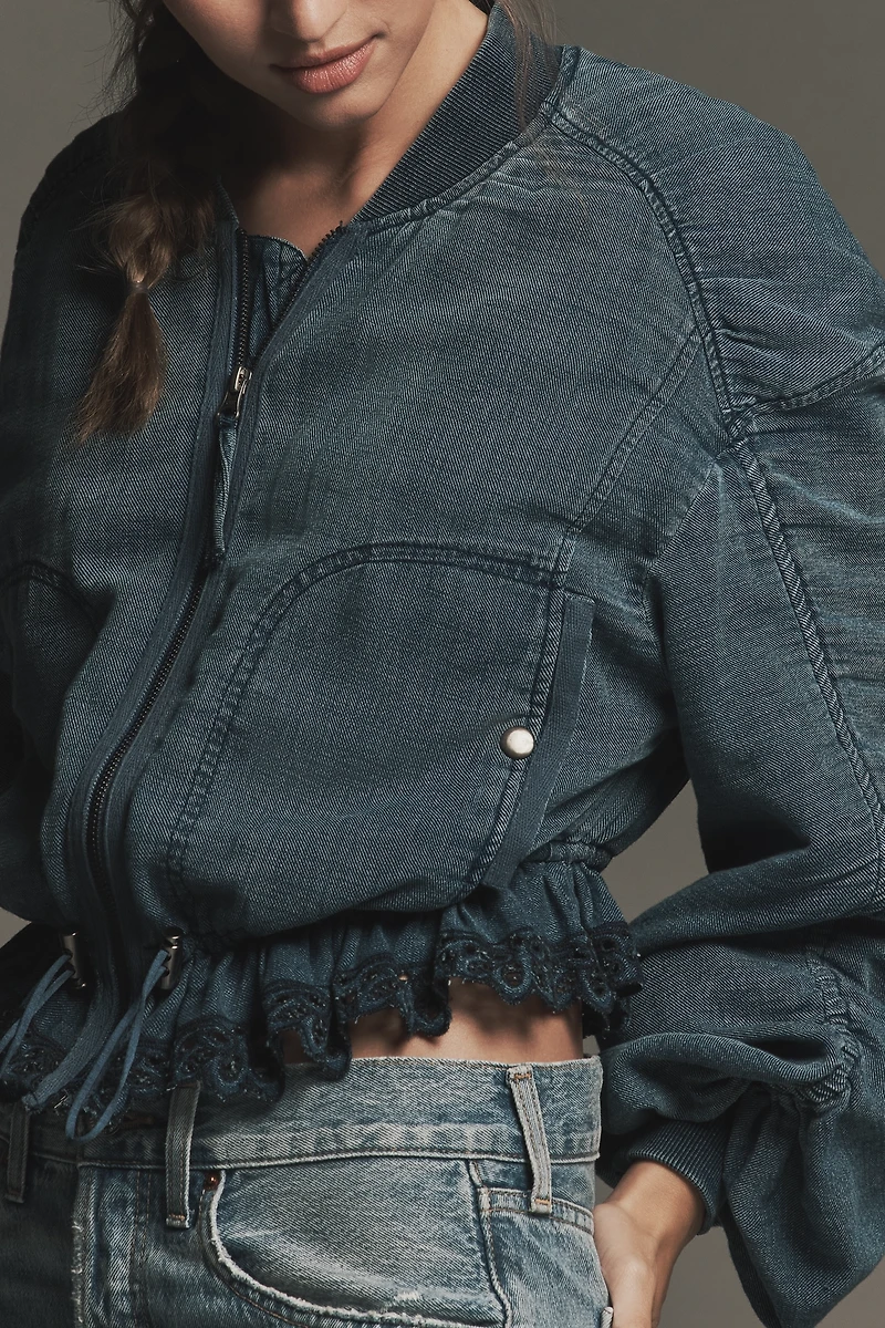 By Anthropologie Ruched Lace Denim Bomber Jacket