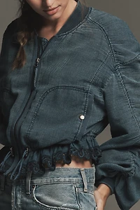 By Anthropologie Ruched Lace Denim Bomber Jacket