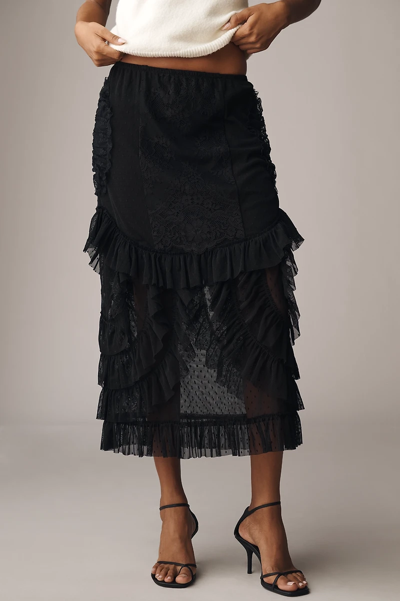 Anna Sui Victorian Lace Ruffle Midi Skirt