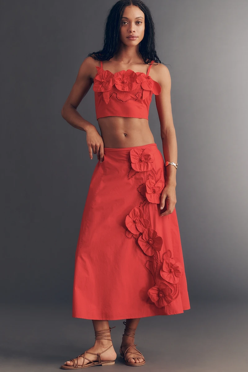 Maeve 100% Cotton Floral Appliqué Midi Skirt