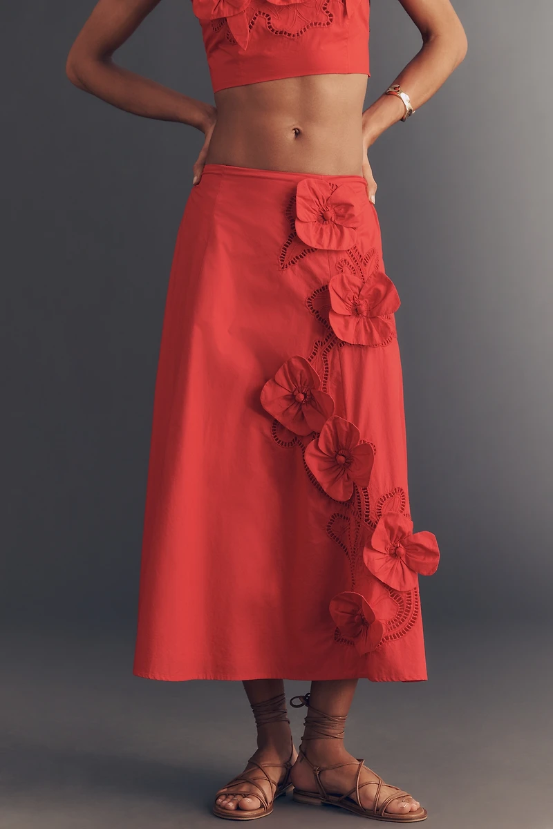 Maeve 100% Cotton Floral Appliqué Midi Skirt