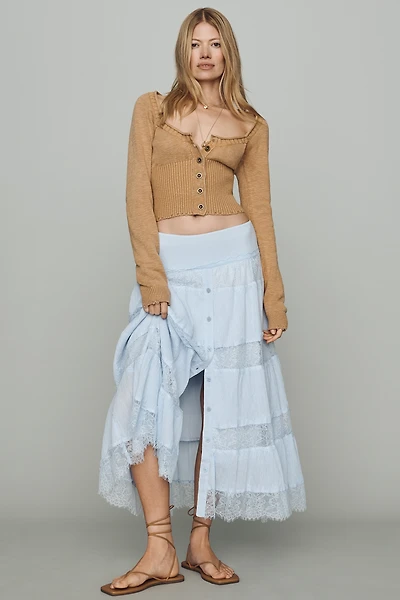 By Anthropologie Cotton Tiered Lace Midi Skirt