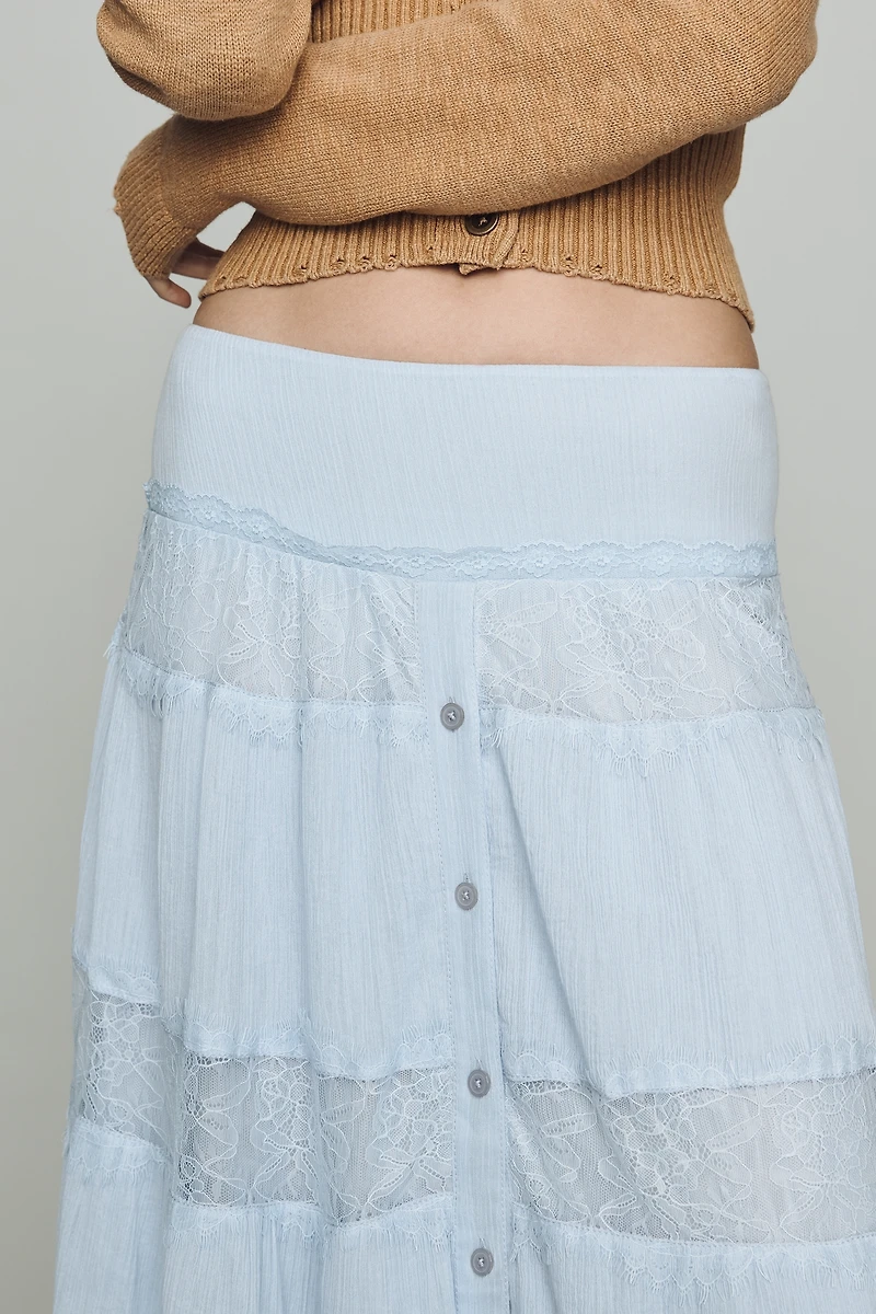 By Anthropologie Cotton Tiered Lace Midi Skirt