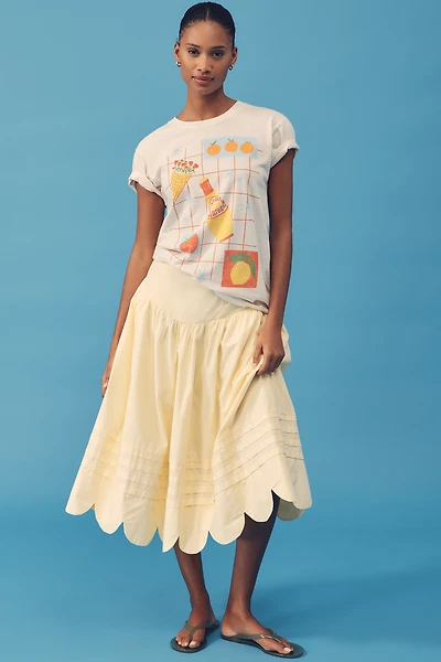 Maeve Basque-Waist Scallop-Hem Full Midi Skirt