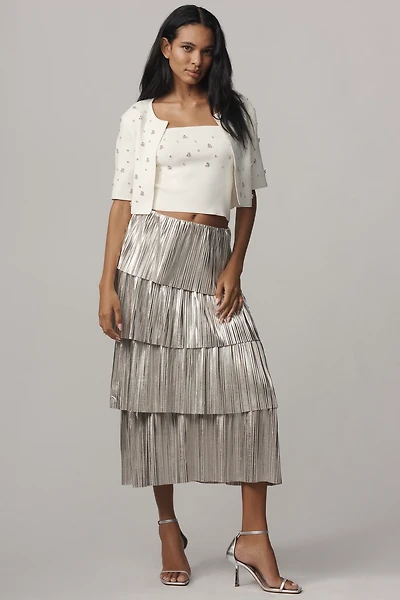 By Anthropologie Metallic Plissé Tiered Midi Skirt