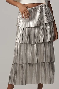 By Anthropologie Metallic Plissé Tiered Midi Skirt