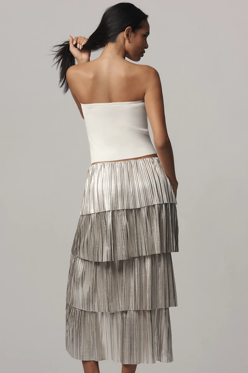 By Anthropologie Metallic Plissé Tiered Midi Skirt