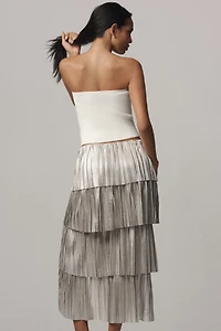 By Anthropologie Metallic Plissé Tiered Midi Skirt