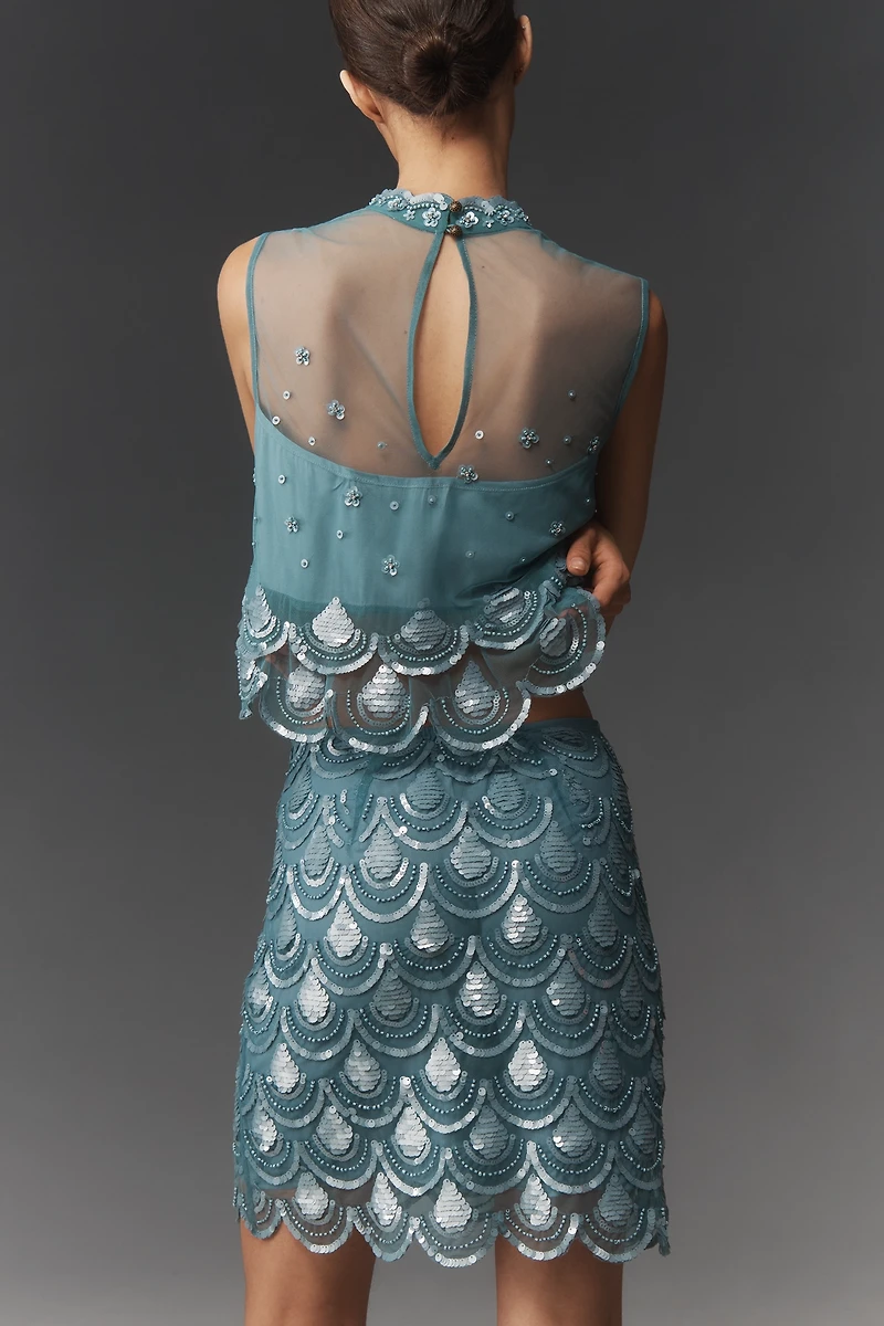Maeve Beaded Scallop Sequin Knee-Length Skirt