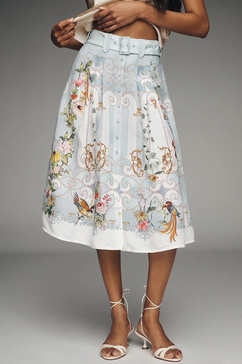 Ranna Gill Linen Blend Belted Seashell Midi Skirt