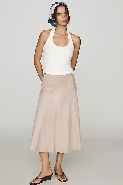 Maeve Twyla Paneled Faux Suede Midi Skirt