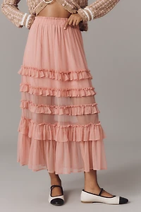 Maeve Ruffled Tulle Tiered Midi Skirt