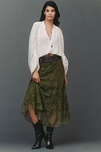 By Anthropologie Asymmetric Drop-Waist Lace Midi Skirt