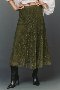 By Anthropologie Asymmetric Drop-Waist Lace Midi Skirt