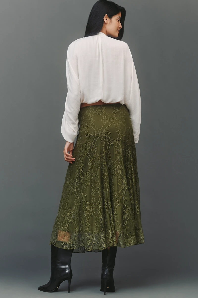 By Anthropologie Asymmetric Drop-Waist Lace Midi Skirt
