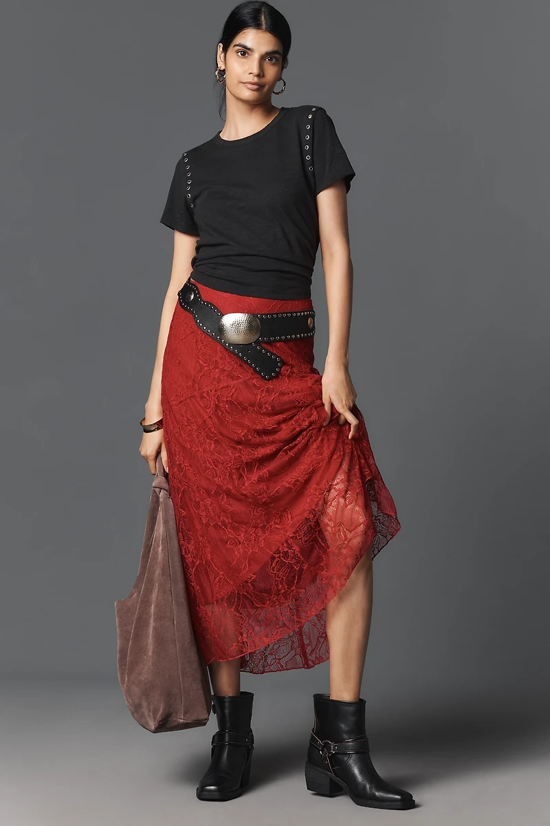 By Anthropologie Asymmetric Drop-Waist Lace Midi Skirt