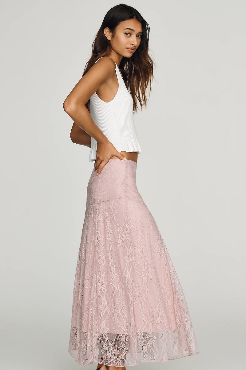 By Anthropologie Asymmetric Drop-Waist Lace Midi Skirt