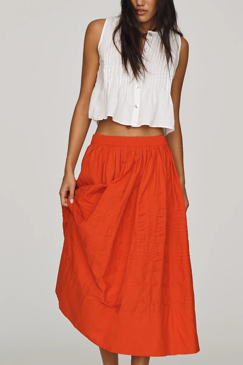 Maeve Cotton Pintuck Midi Skirt