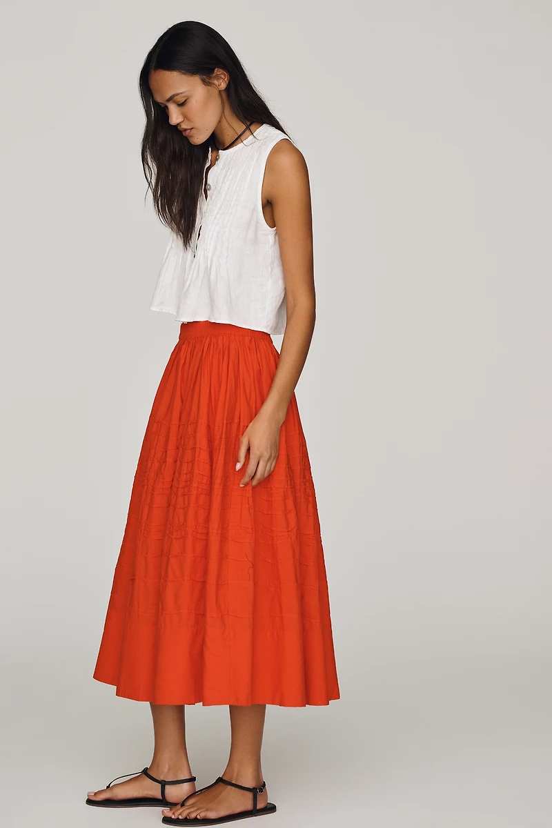 Maeve Cotton Pintuck Midi Skirt