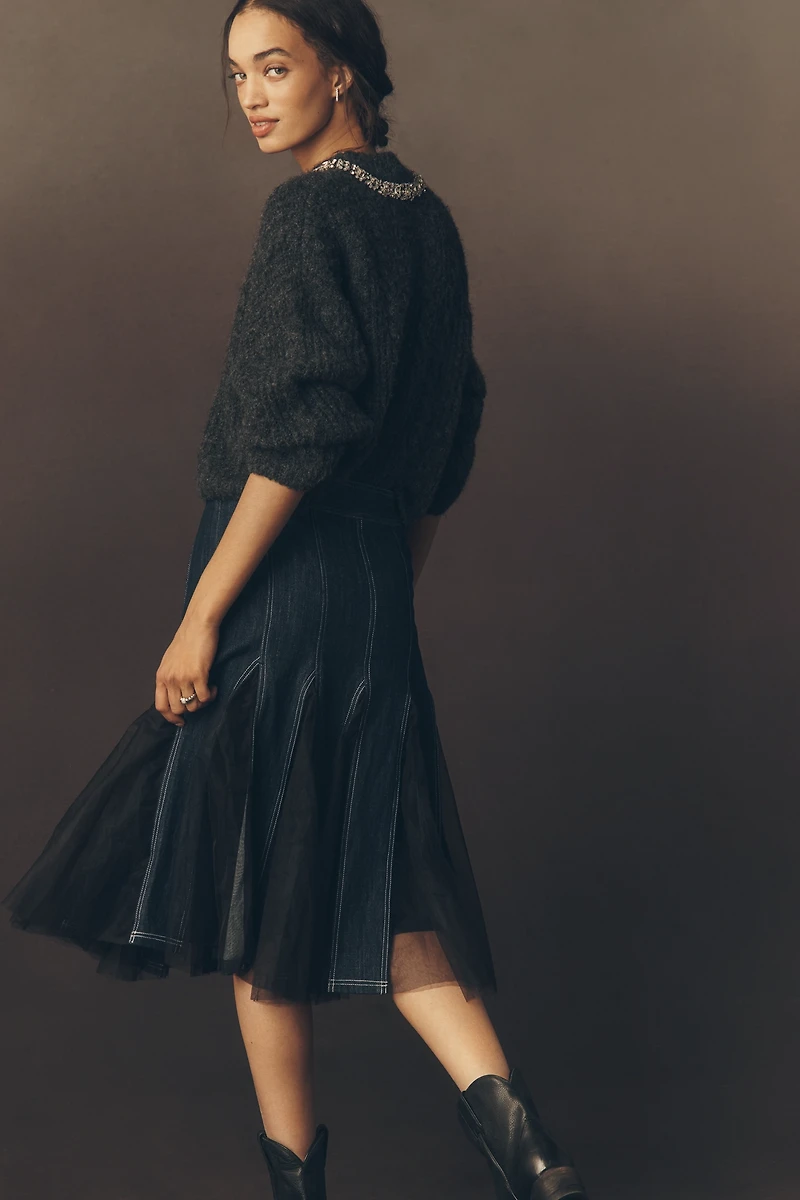 Pilcro Tulle Godet Denim Mid Skirt