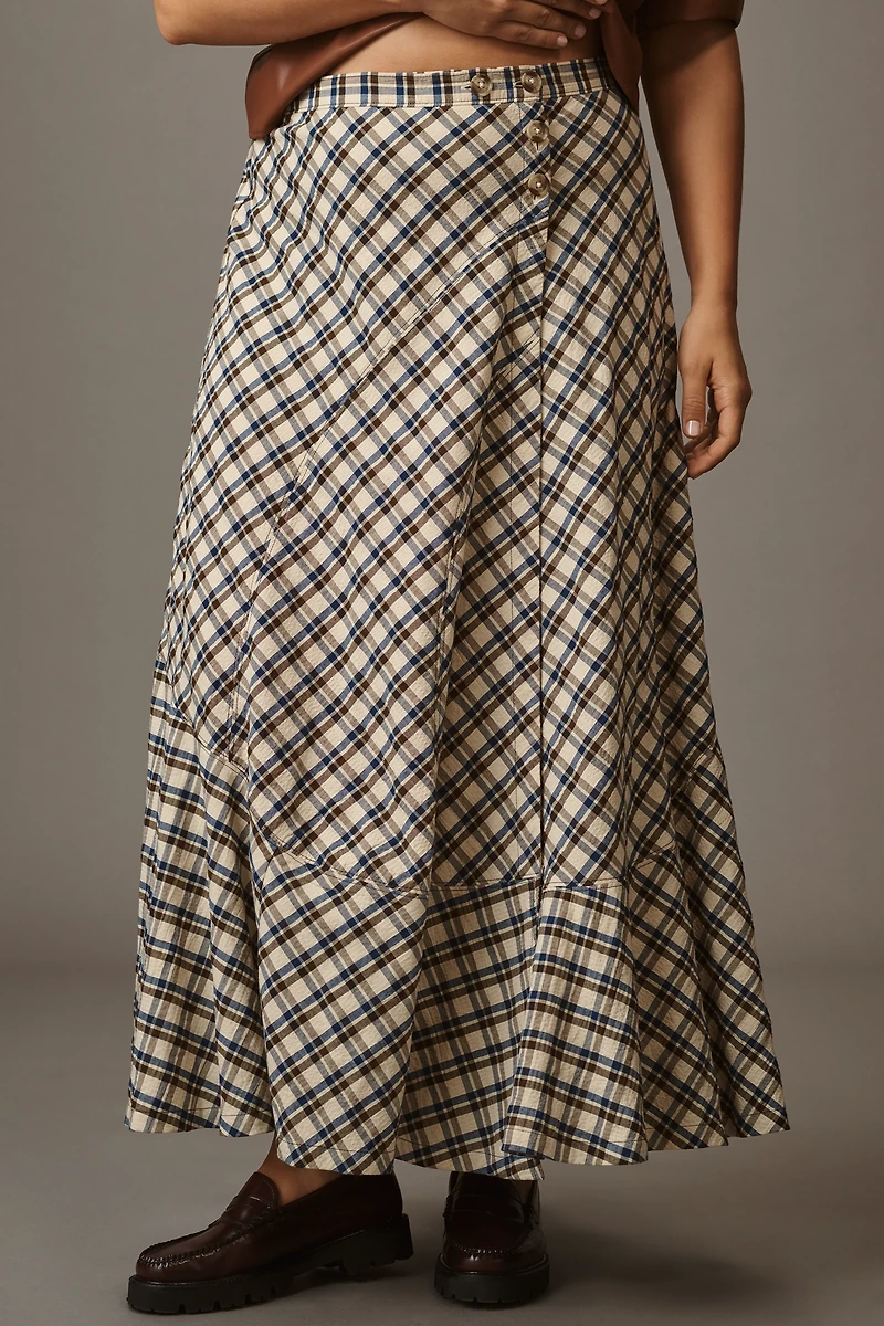 By Anthropologie Seamed Plaid Wrap Maxi Skirt