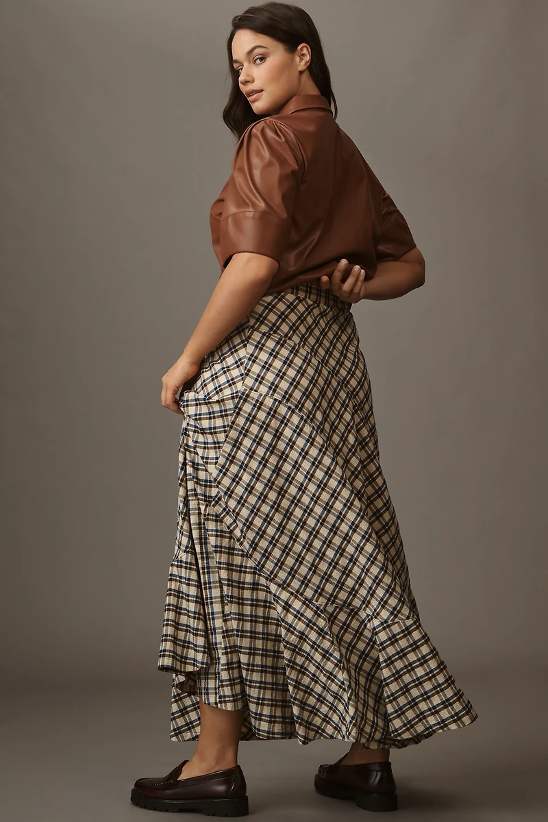 By Anthropologie Seamed Plaid Wrap Maxi Skirt
