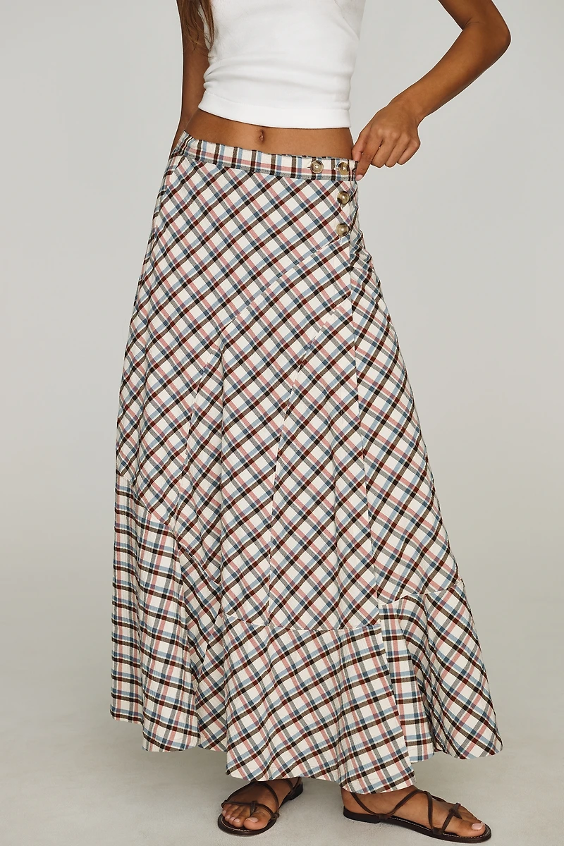 By Anthropologie Seamed Plaid Wrap Maxi Skirt