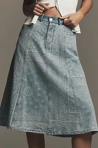 En Saison Tarak Paisley Denim A-Line Midi Skirt
