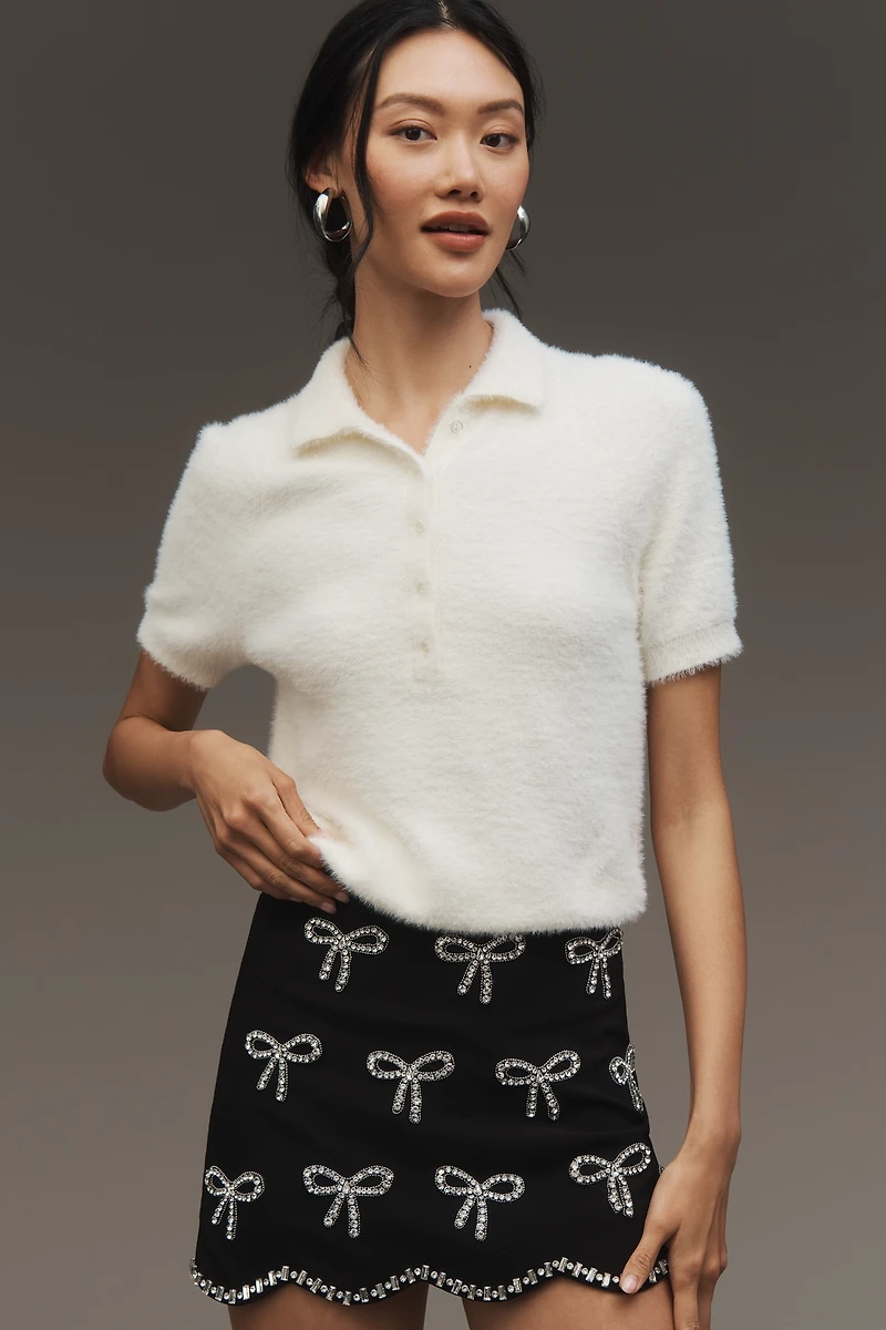 En Saison Bow-Embellished Scallop-Hem Mini Skirt