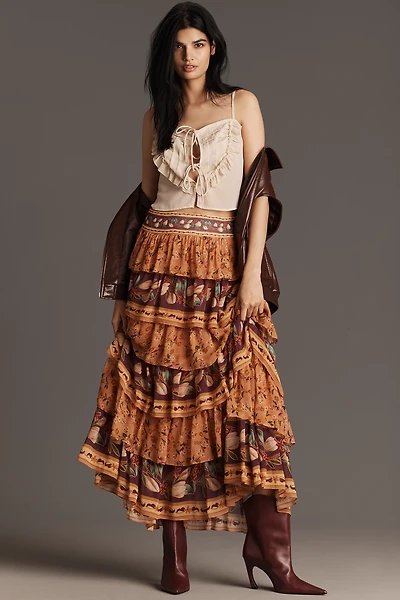 Farm Rio Colorful Birds Tiered Maxi Skirt