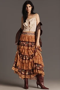 Farm Rio Colorful Birds Tiered Maxi Skirt